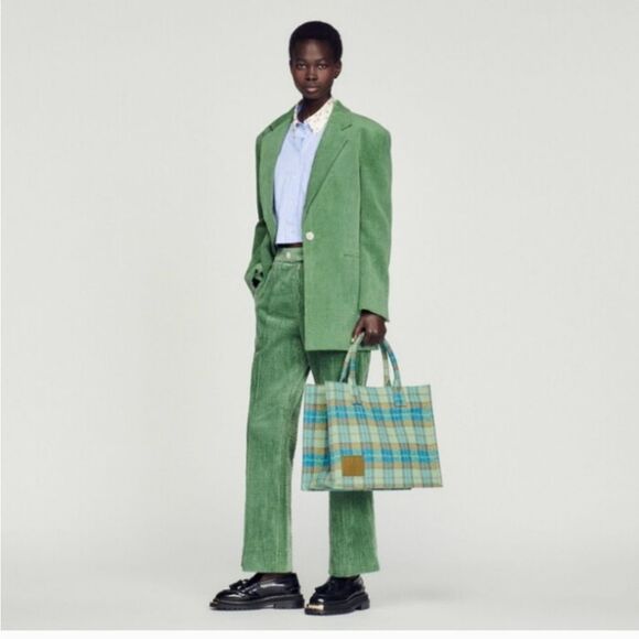 NWT Sandro Tartan Kasbah Wool Tote Blue And Green Large With Handles - Picture 1 of 16